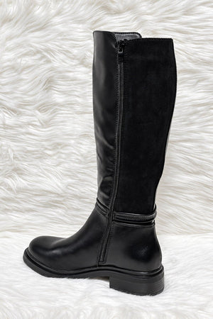 BLACK FAUX LEATHER PANEL KNEE HIGH BOOT