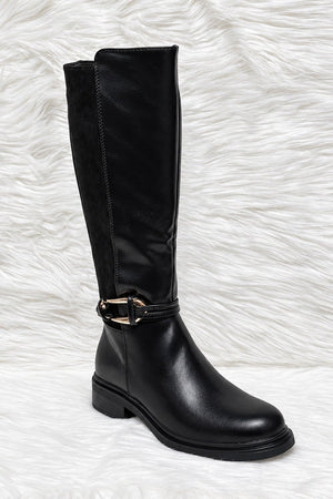 BLACK FAUX LEATHER PANEL KNEE HIGH BOOT