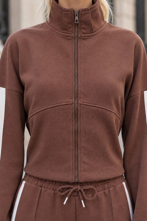 CHOCOLATE CROPPED DOUBLE STRIPE ZIPPED SWEATSHIRT WITH WIDE LEG TROUSER