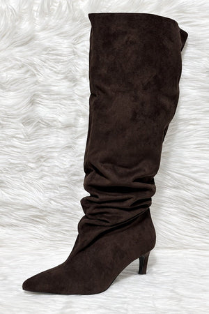 BROWN FAUX SUEDE SLOUCH KNEE HIGH BOOT