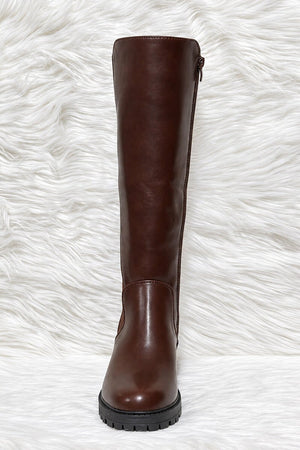 BROWN FAUX LEATHER KNIT PANEL KNEE HIGH BOOT