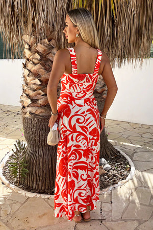 AX PARIS ORANGE AND WHITE TROPICAL PRINT SHIRRED STRAPS BUTTON DETAIL MIDI DRESS