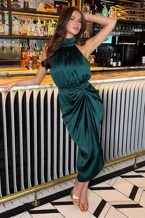 AX PARIS TEAL HALTER NECK GATHERED SKIRT MIDI DRESS