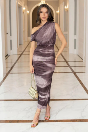 AX PARIS CHOCOLATE SMUDGE PRINT OFF THE SHOULDER MESH MIDI DRESS