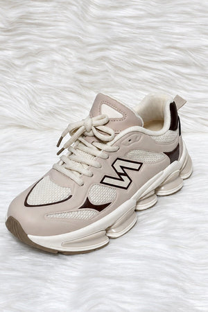 BEIGE AND CHOCOLATE LOGO LACE UP CHUNKY RUNNER STYLE TRAINER