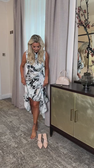 AX PARIS MULTI ABSTRACT PRINT GATHERED MIDI DRESS WITH SHOULDER PADS