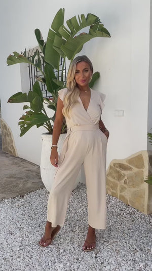 AX PARIS STONE WRAP TOP FLUTTER SLEEVE BELTED JUMPSUIT