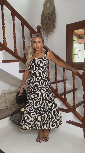 AX PARIS BLACK AND CREAM ABSTRACT PRINT FRILL STRAP MIDI DRESS