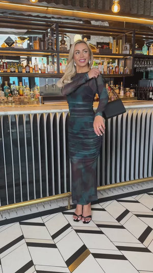 AX PARIS TEAL AND BLACK SMUDGE PRINT MESH OVERLAY LONG SLEEVE MIDI DRESS