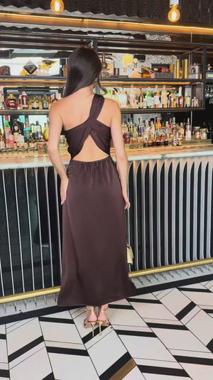 AX PARIS CHOCOLATE ONE SHOULDER OPEN BACK TWIST DETAIL MIDI DRESS