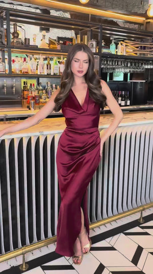 AX PARIS WINE SATIN COWL NECK CROSS BACK MIDI DRESS