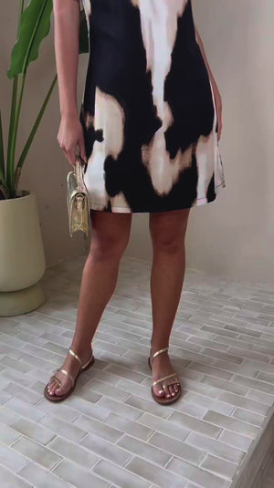 AX PARIS BROWN MARBLE PRINT RACER NECK SLIP MINI DRESS