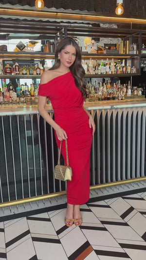 AX PARIS RED OFF THE SHOULDER DRAPED TOP MIDI DRESS