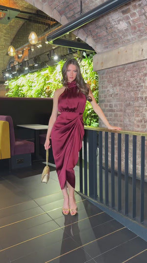 AX PARIS WINE HALTER NECK GATHERED SKIRT MIDI DRESS