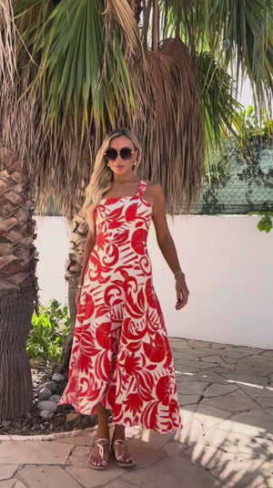 AX PARIS ORANGE AND WHITE TROPICAL PRINT SHIRRED STRAPS BUTTON DETAIL MIDI DRESS