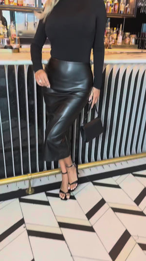 AX PARIS BLACK 2 IN 1 FAUX LEATHER SKIRT LONG SLEEVE MIDI DRESS