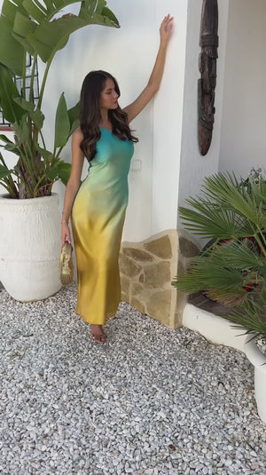 AX PARIS MULTI SUNSET OMBRE ONE SHOULDER OPEN BACK TWIST DETAIL MIDI DRESS