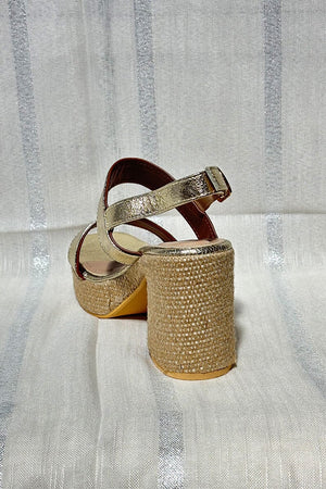 GOLD METALLIC FAUX LEATHER RAFFIA PLATFORM BLOCK HEEL SANDAL