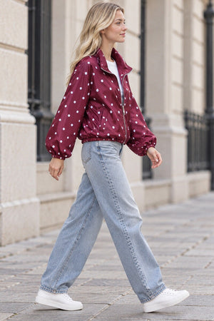 WINE POLKA DOT BUBBLE HEM ZIP WINDBREAKER JACKET