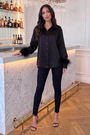 AX PARIS BLACK SATIN FEATHER CUFF LONG SLEEVE SHIRT