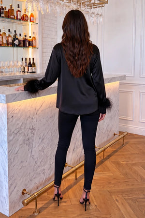 AX PARIS BLACK SATIN FEATHER CUFF LONG SLEEVE SHIRT