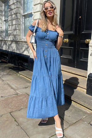BLUE DENIM SHIRRED BARDOT DRESS