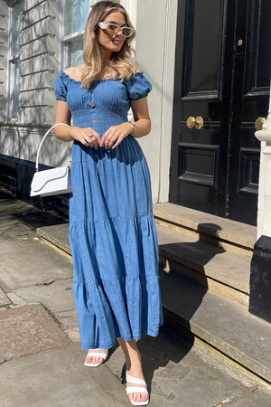 BLUE DENIM SHIRRED BARDOT DRESS