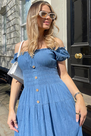 BLUE DENIM SHIRRED BARDOT DRESS