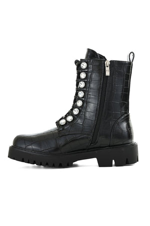 BLACK DIAMANTE FAUX LEATHER CROC ANKLE BOOT