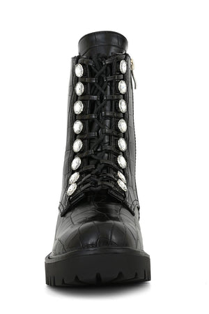 BLACK DIAMANTE FAUX LEATHER CROC ANKLE BOOT