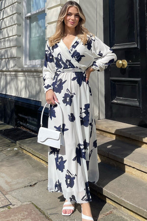 WHITE AND NAVY FLORAL V NECK EMBELLISHED CHIFFON MAXI DRESS