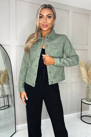 KHAKI GREEN COTTON STRETCH DENIM JACKET
