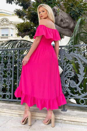 AX PARIS HOT PINK BARDOT STYLE MIDI DRESS