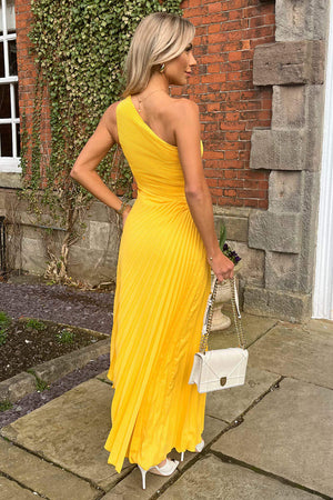 AX PARIS YELLOW ONE SHOULDER CUT OUT PLEATED MIDI DRESS