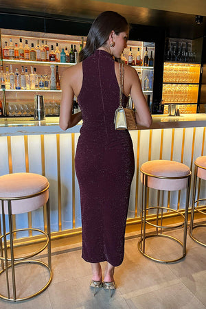 AX PARIS PLUM SPARKLE HALTER NECK RUCHED BODYCON MIDI DRESS