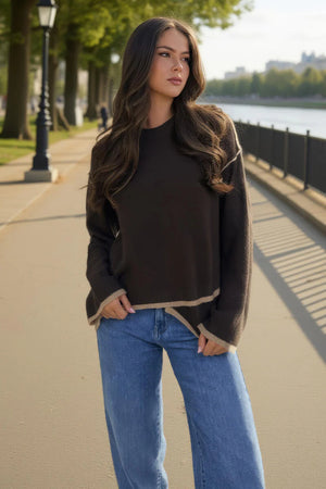 AX PARIS CHOCOLATE CONTRAST PIPING CREW NECK JUMPER