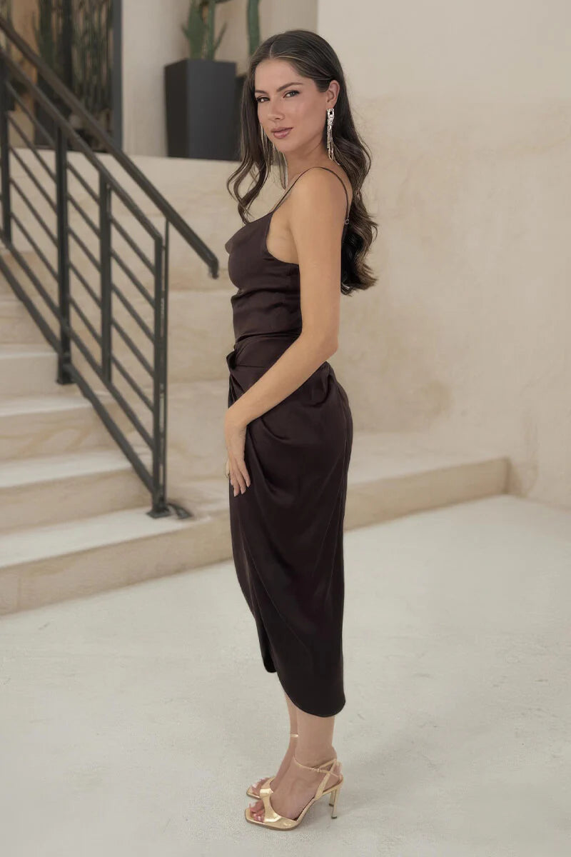 AX PARIS CHOCOLATE SATIN STRAPPY COWL NECK GATHERED SKIRT MIDI DRESS