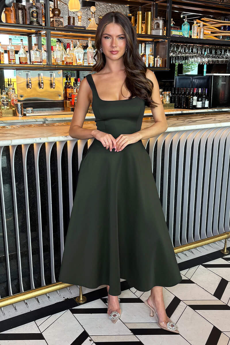 AX PARIS FOREST SQUARE NECK A-LINE MIDI DRESS