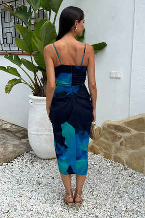 AX PARIS NAVY BOLD FLORAL PRINT GATHERED SKIRT STRAPPY MIDI DRESS