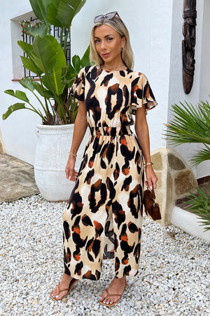 AX PARIS BROWN BOLD LEOPARD PRINT FLUTTER SLEEVE MIDI DRESS