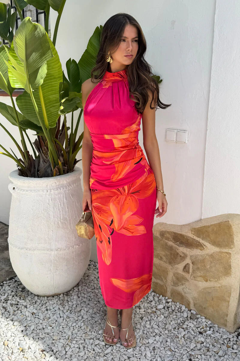 AX PARIS PINK AND ORANGE FLORAL PRINT HALTER NECK DRESS