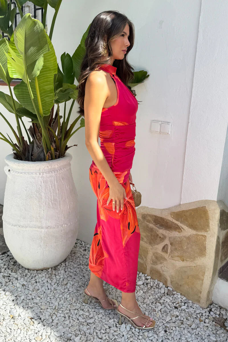 AX PARIS PINK AND ORANGE FLORAL PRINT HALTER NECK DRESS