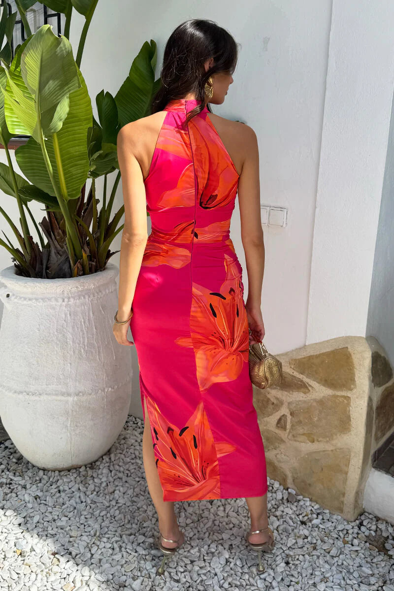 AX PARIS PINK AND ORANGE FLORAL PRINT HALTER NECK DRESS