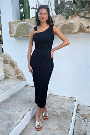 AX PARIS BLACK TEXTURED ASYMMETRIC NECKLINE BODYCON MIDI DRESS