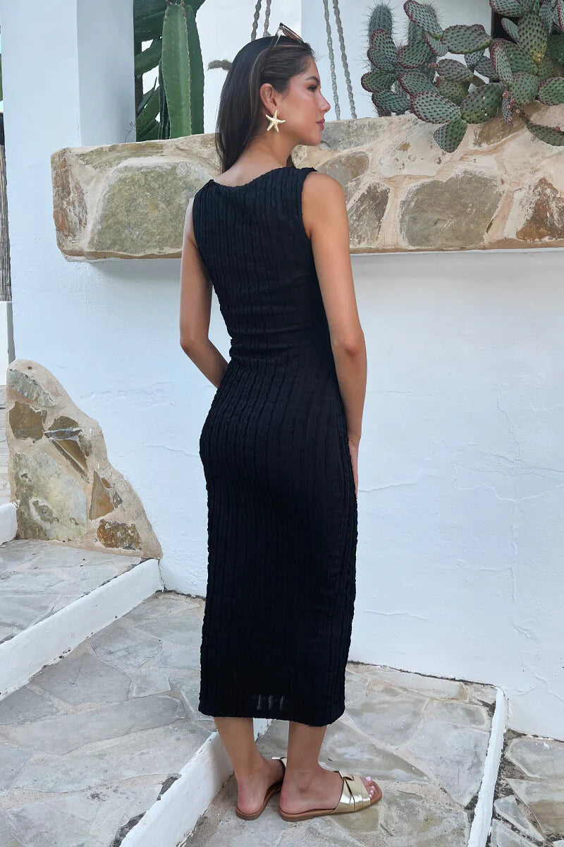 AX PARIS BLACK TEXTURED ASYMMETRIC NECKLINE BODYCON MIDI DRESS