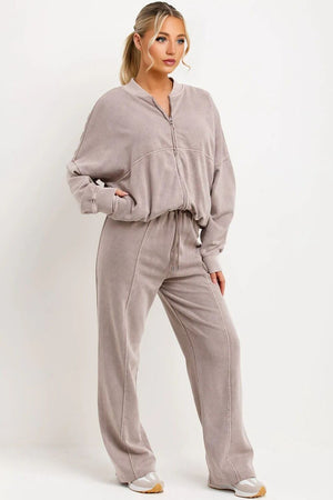 DOVE GREY ACID WASH ZIPPED BOMBER SWEATSHIRT WITH STRAIGHT LEG TROUSER