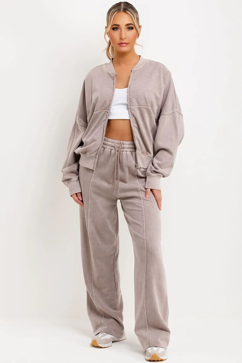 DOVE GREY ACID WASH ZIPPED BOMBER SWEATSHIRT WITH STRAIGHT LEG TROUSER
