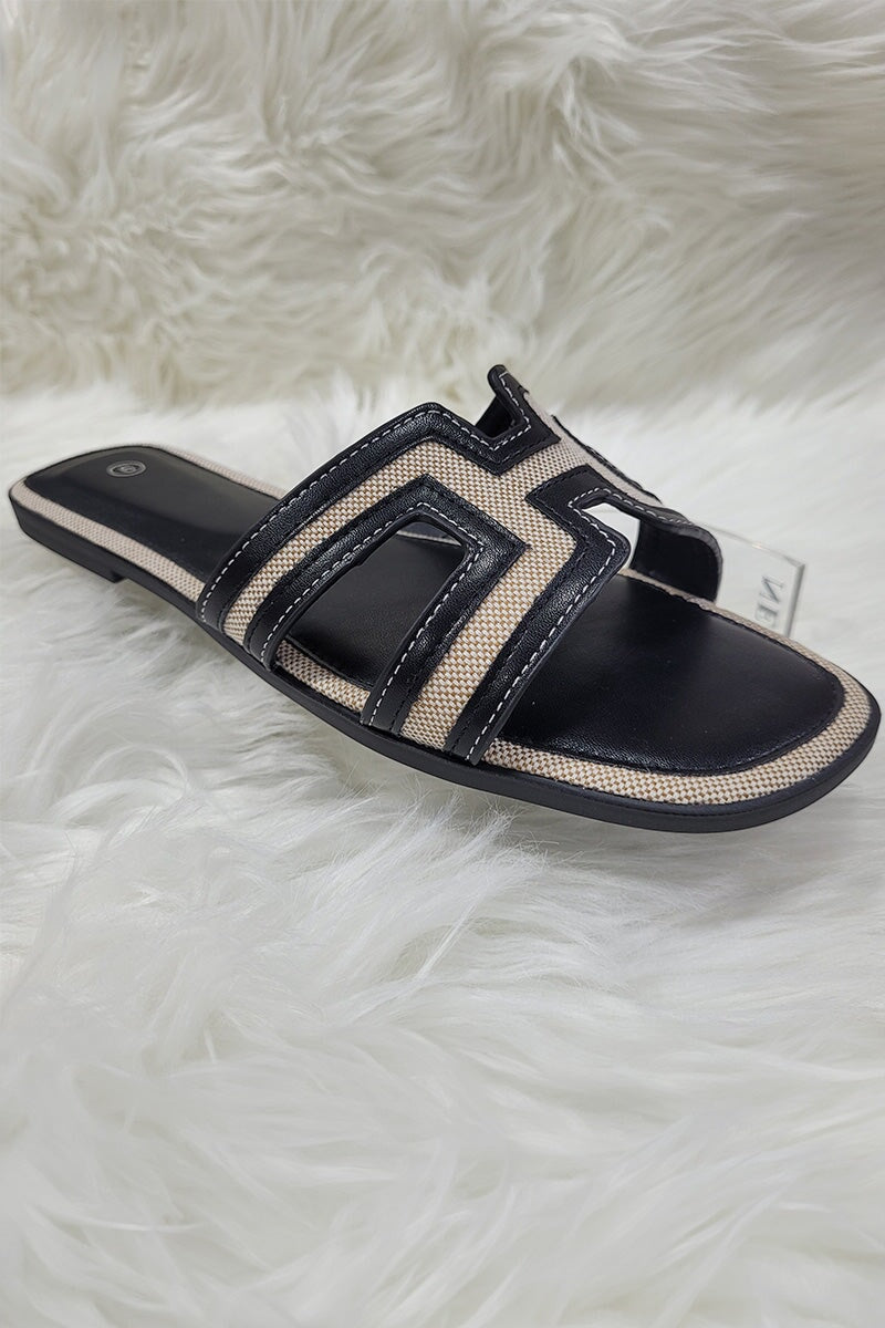 BLACK CUT OUT WOVEN TRIM FAUX LEATHER SLIDER