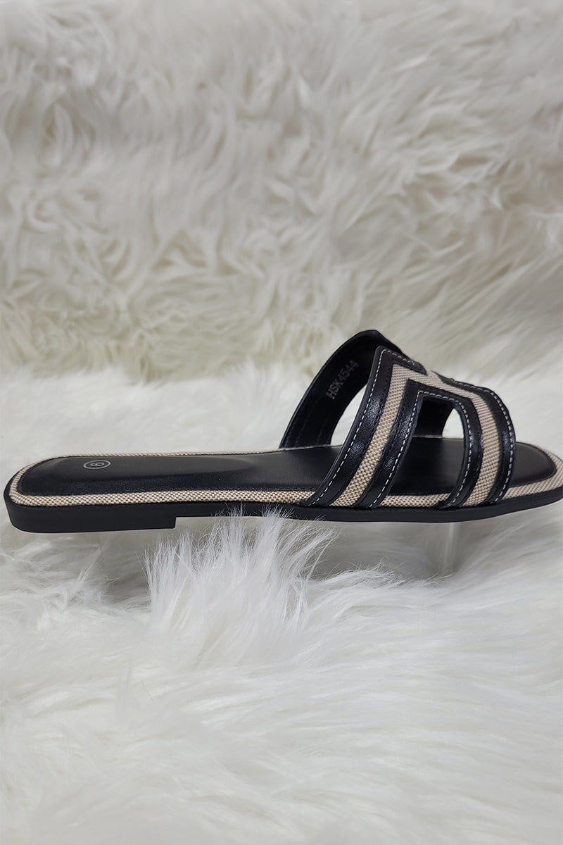 BLACK CUT OUT WOVEN TRIM FAUX LEATHER SLIDER