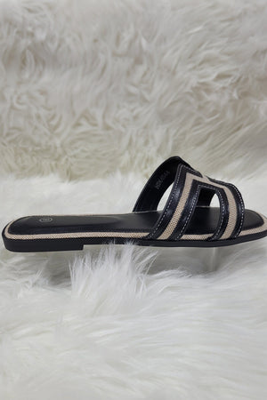 BLACK CUT OUT WOVEN TRIM FAUX LEATHER SLIDER